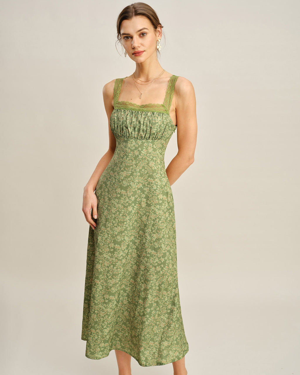 Maxi Dress with Green Floral Lace Design