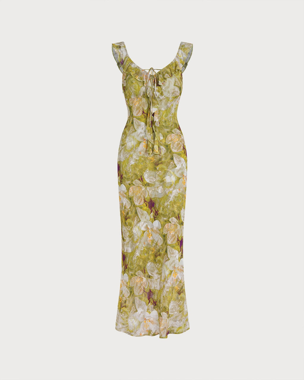 Floral Ruffle Maxi Dress in Green with V-Neck