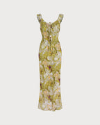 Floral Ruffle Maxi Dress in Green with V-Neck