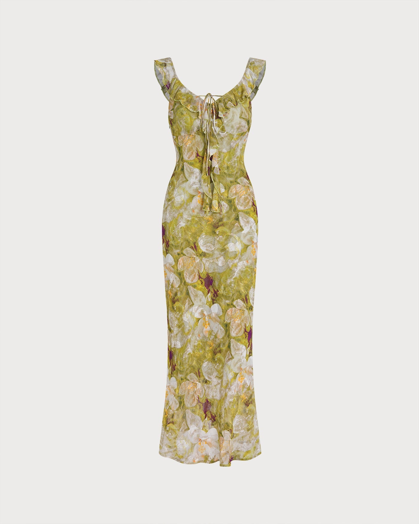 Floral Ruffle Maxi Dress in Green with V-Neck