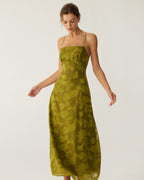 Backless Maxi Dress with Green Floral Ruched Design