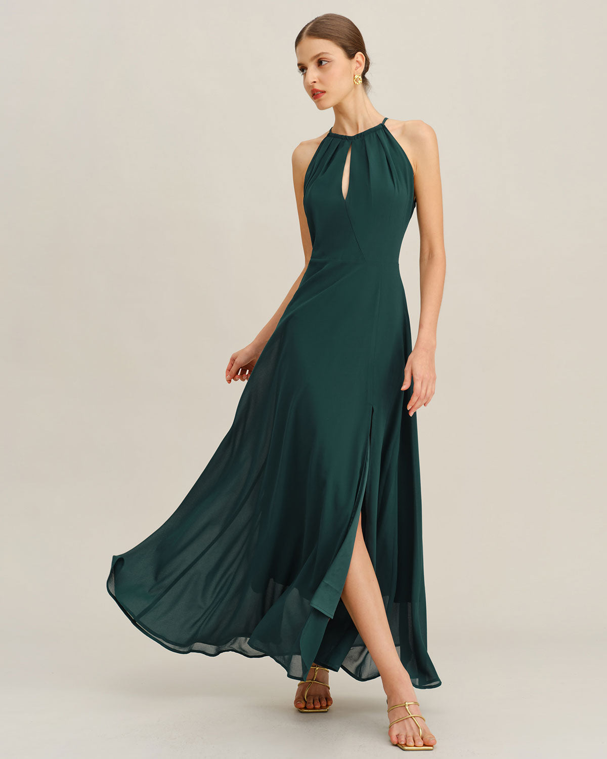 Emerald Chiffon Maxi Dress with Side Slit