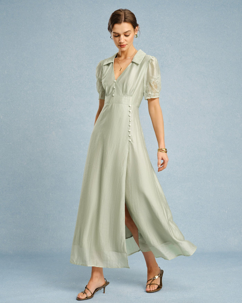 Maxi Dress with V Neck and Button Detail in Green