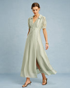 Maxi Dress with V Neck and Button Detail in Green