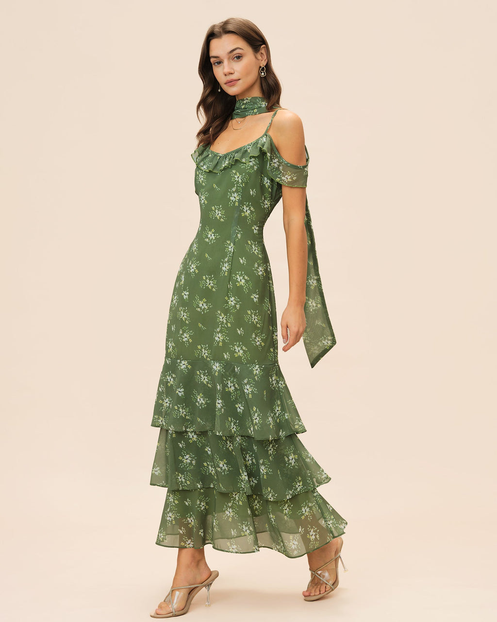 Floral Maxi Dress with Ruffled V-Neck in Green