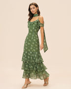 Floral Maxi Dress with Ruffled V-Neck in Green