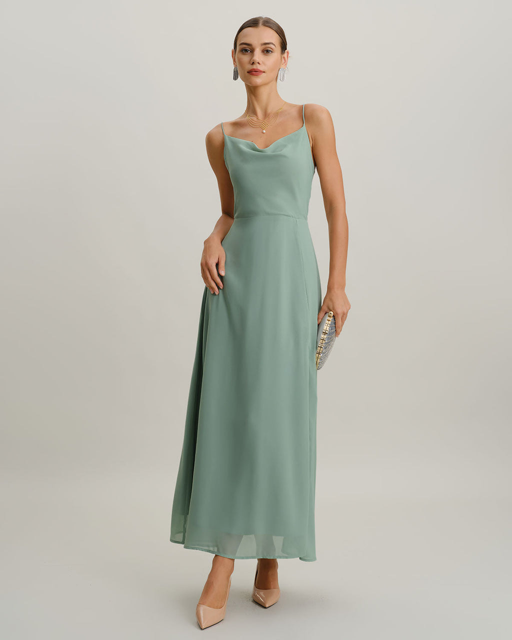 Backless Green A-Line Maxi Slip Dress