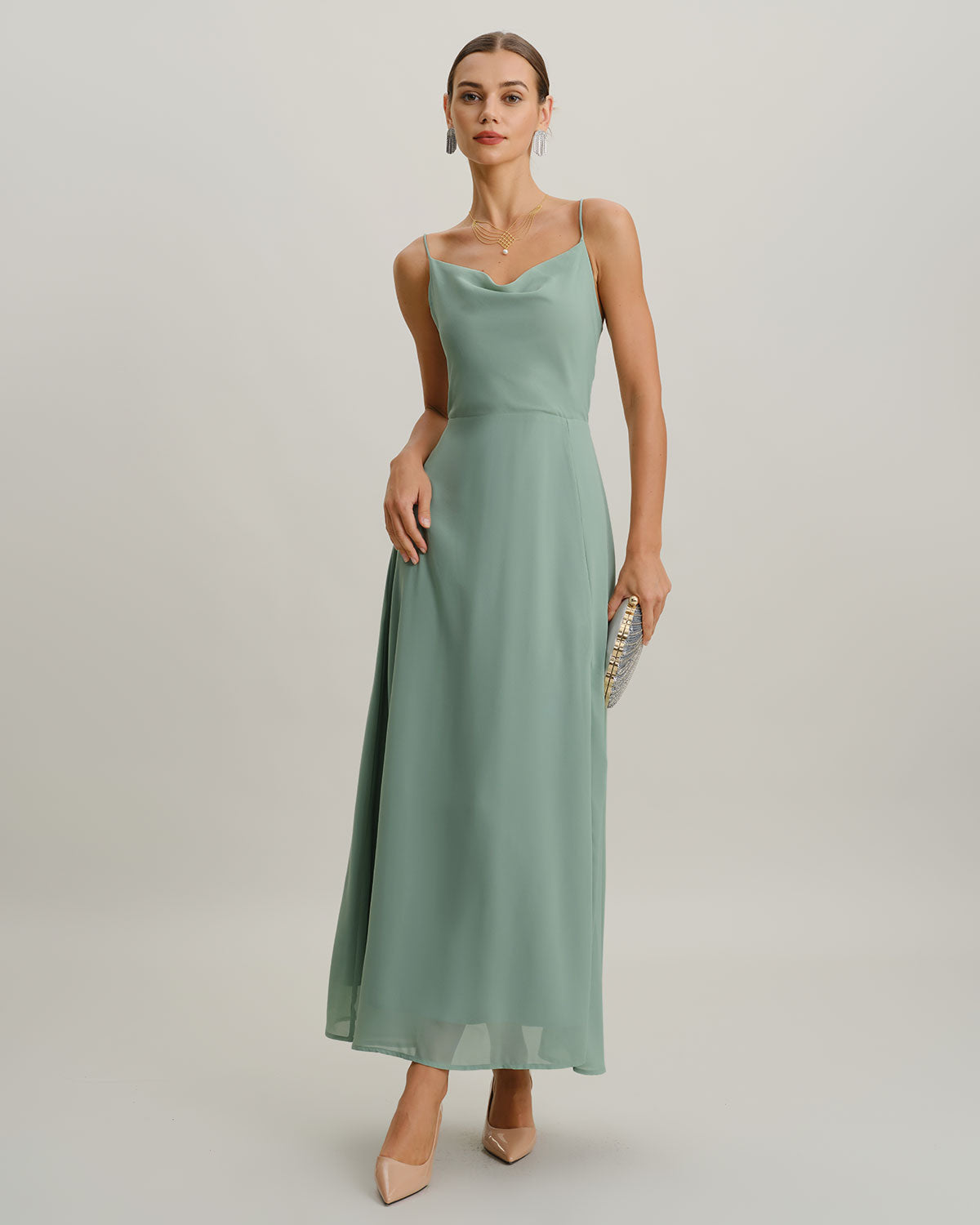 Backless Green A-Line Maxi Slip Dress