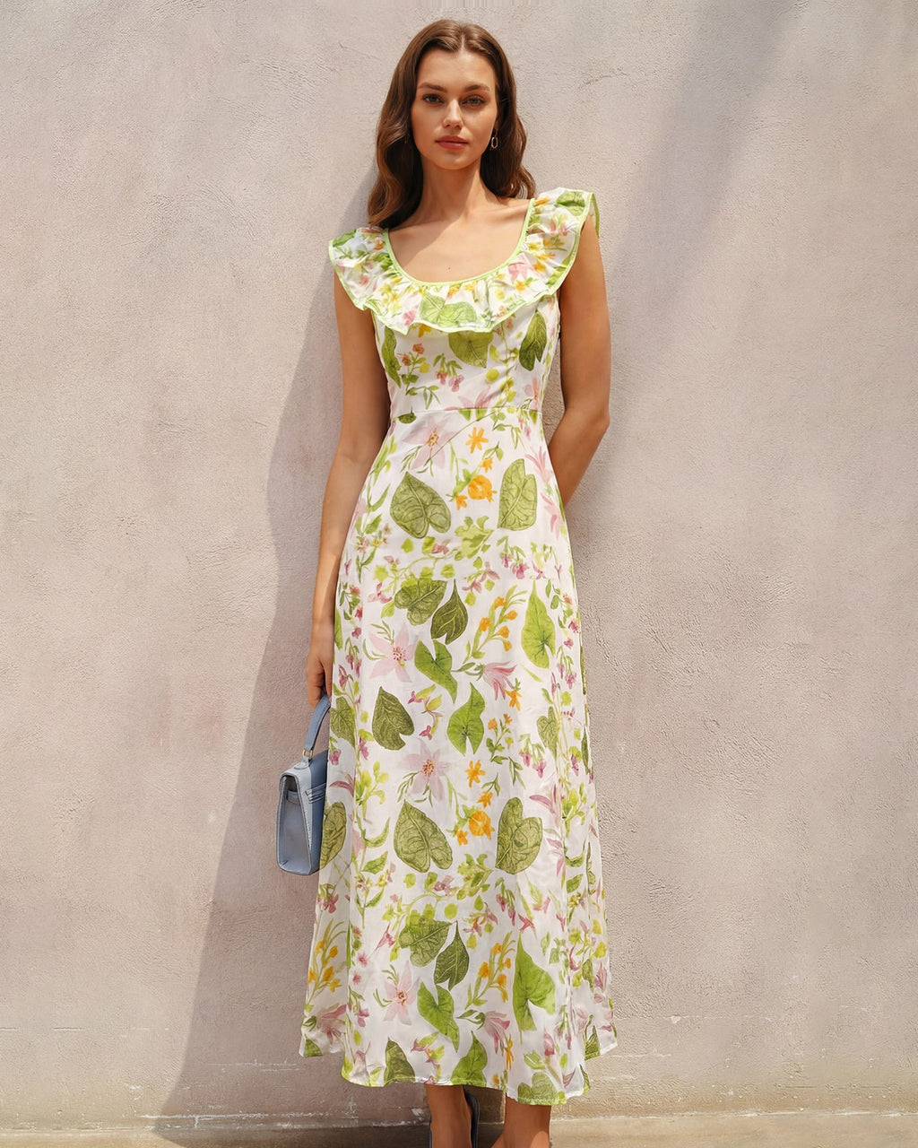 Maxi Dress with U Neckline in Green Plant Print
