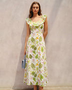 Maxi Dress with U Neckline in Green Plant Print