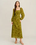 Floral Green A-Line Maxi Dress with Square Neck