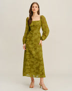 Floral Green A-Line Maxi Dress with Square Neck