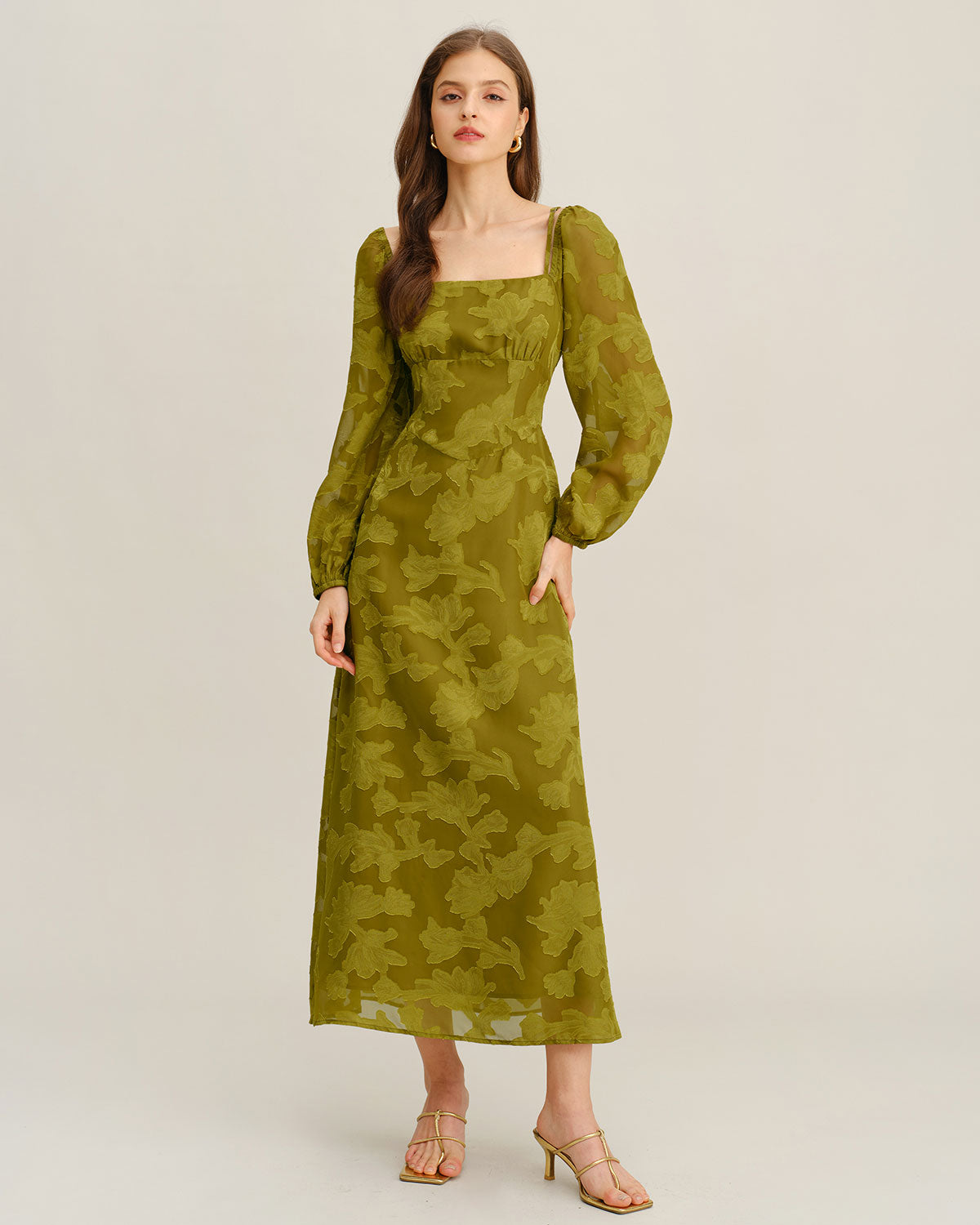 Floral Green A-Line Maxi Dress with Square Neck