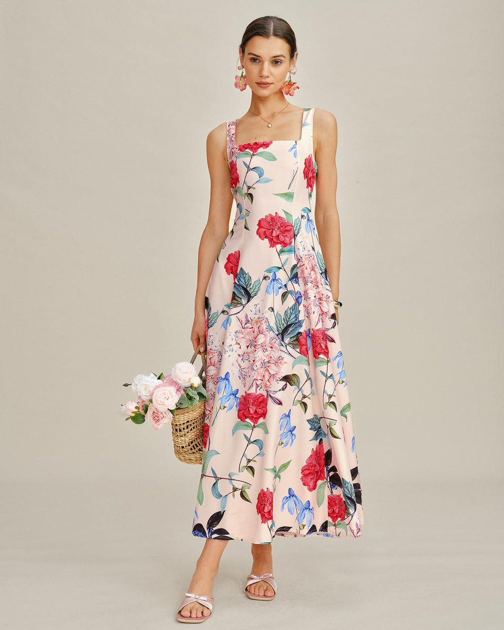 Sleeveless Maxi Dress with Floral A-Line Design