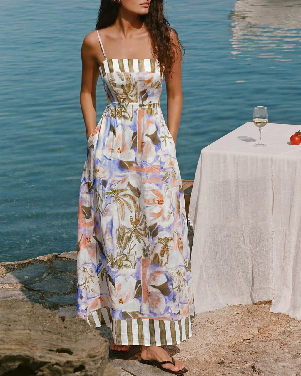 Floral Print A-Line Maxi Dress with Shirred Details