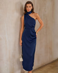 Navy A-Line Maxi Dress with One Shoulder Design