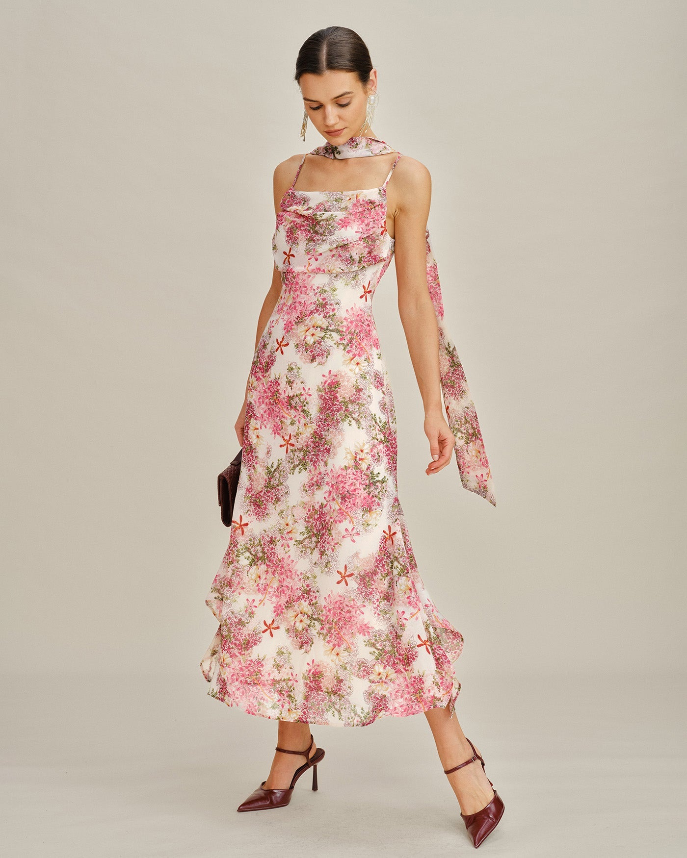 Floral Pink Chiffon Maxi Dress with Slip Design
