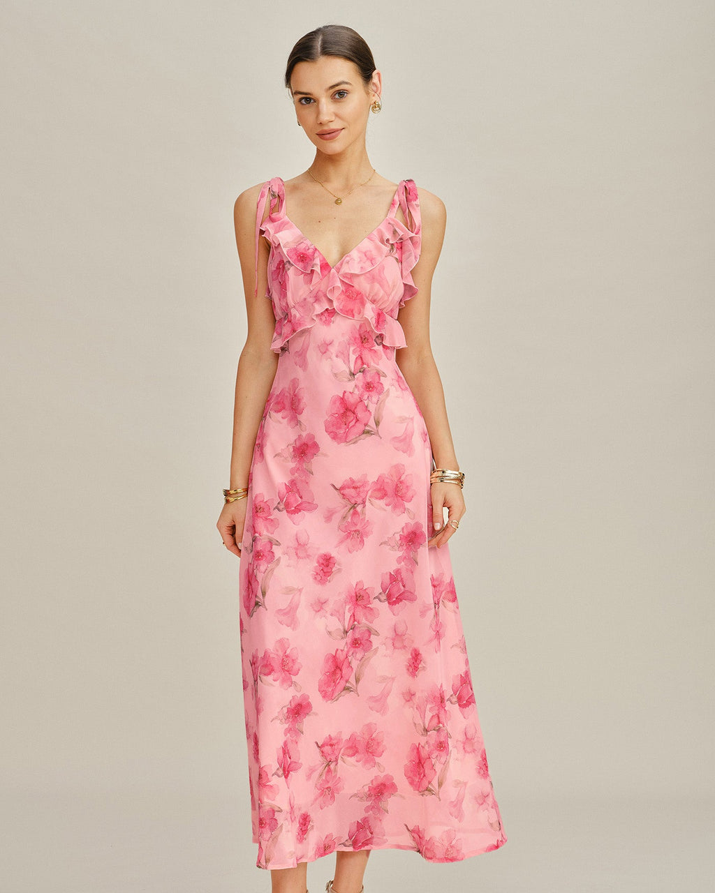 Chiffon Maxi Dress with Pink Floral Ruffles