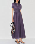 Maxi Dress with Purple Puffed Sleeves
