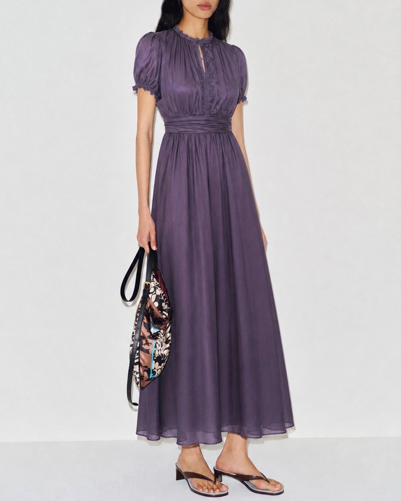 Maxi Dress with Purple Puffed Sleeves