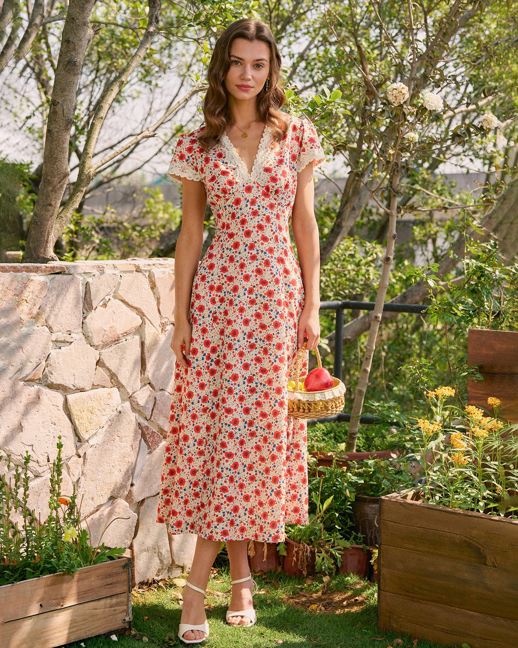 Floral Lace Maxi Dress with Red V-Neck