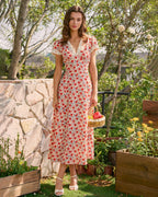 Floral Lace Maxi Dress with Red V-Neck
