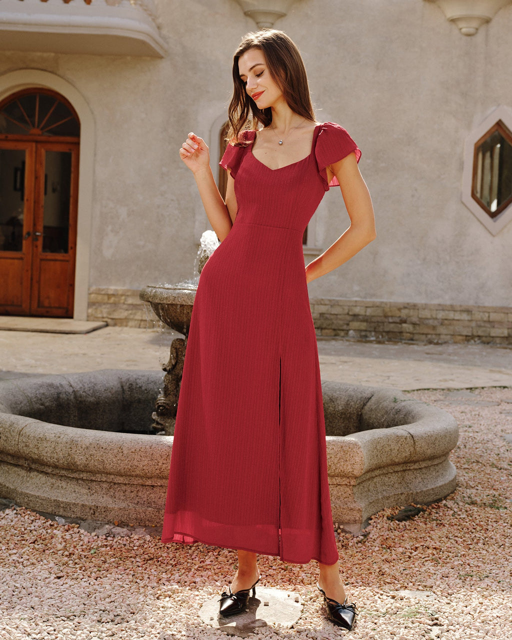 Crimson Sweetheart Neck Jacquard Maxi Gown