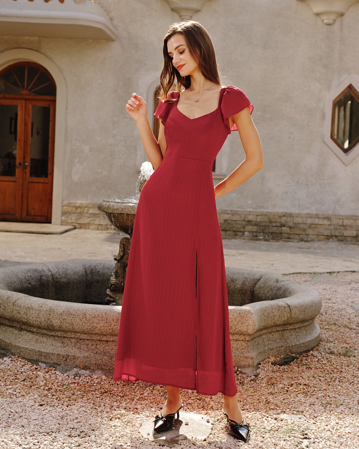 Crimson Sweetheart Neck Jacquard Maxi Gown