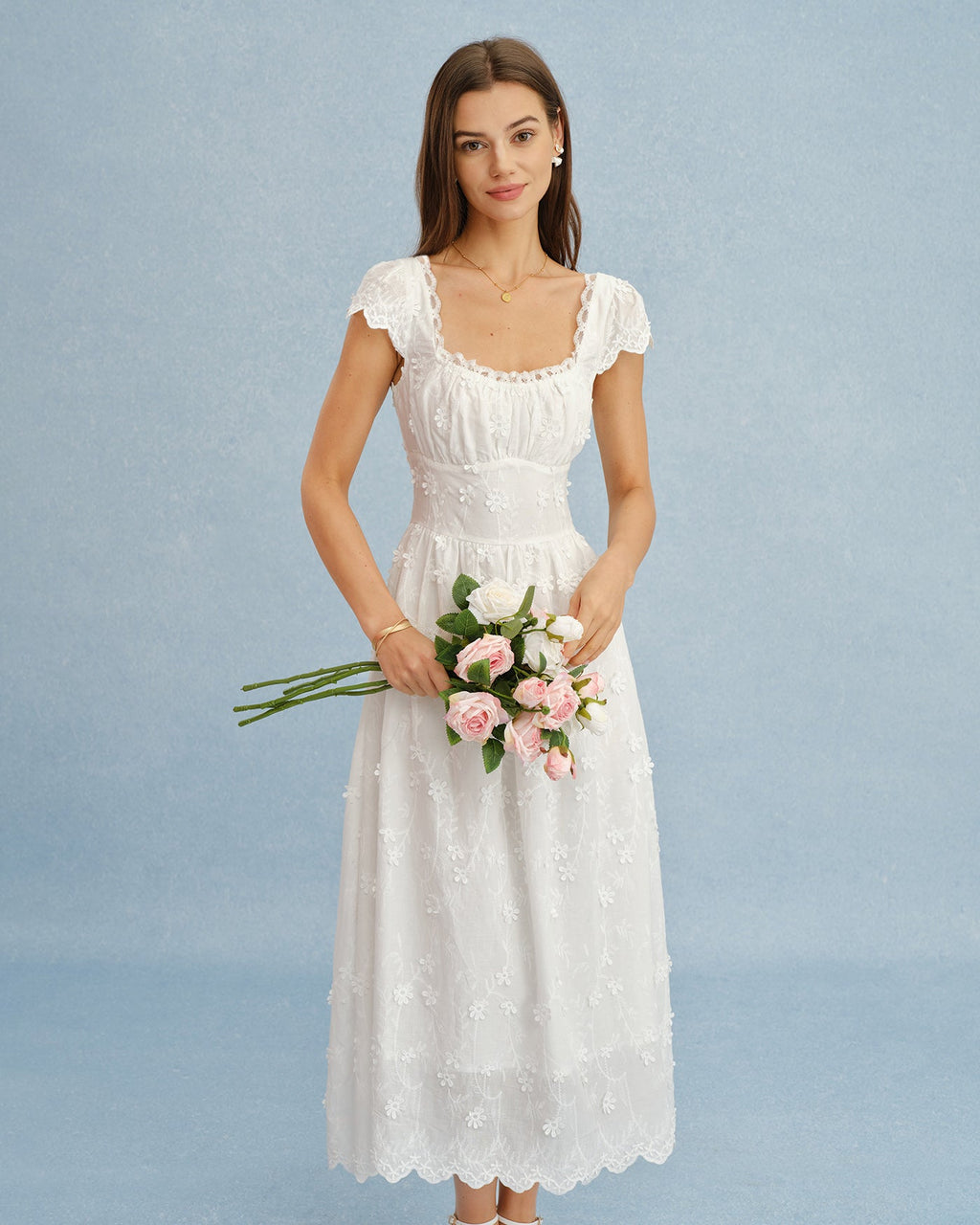 Maxi Dress with White Square Neck and Lace Floral Design