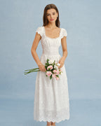 Maxi Dress with White Square Neck and Lace Floral Design