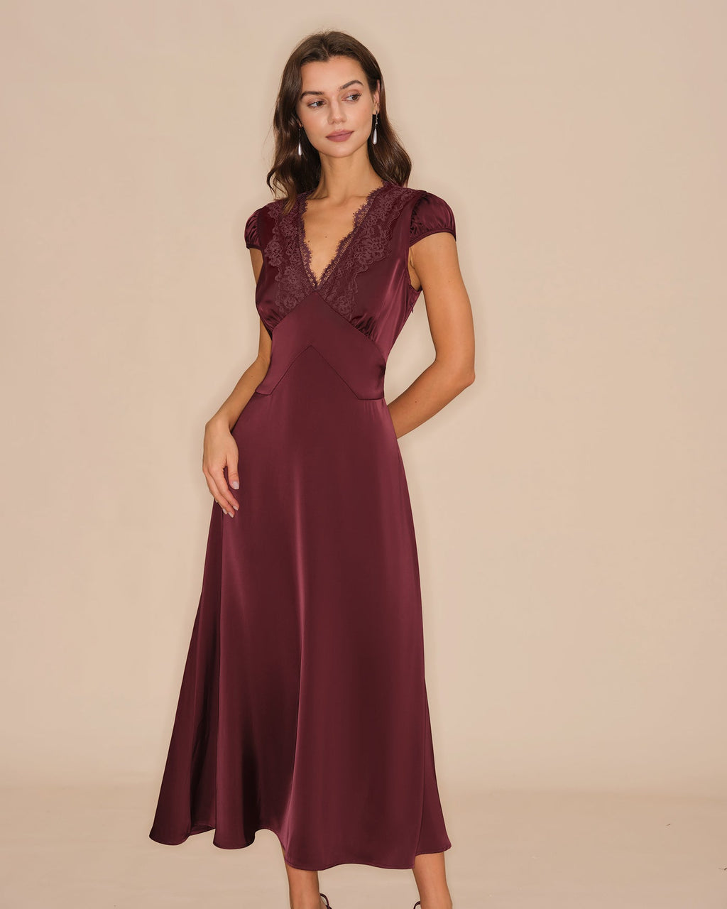 V-Neck Lace Maxi Dress in Wine Red