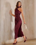 Wine Red Satin One-Shoulder Maxi Gown