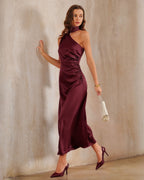 Wine Red Satin One-Shoulder Maxi Gown