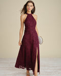 Wine Red Jacquard Maxi Dress with Mock Neck
