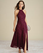 Wine Red Jacquard Maxi Dress with Mock Neck