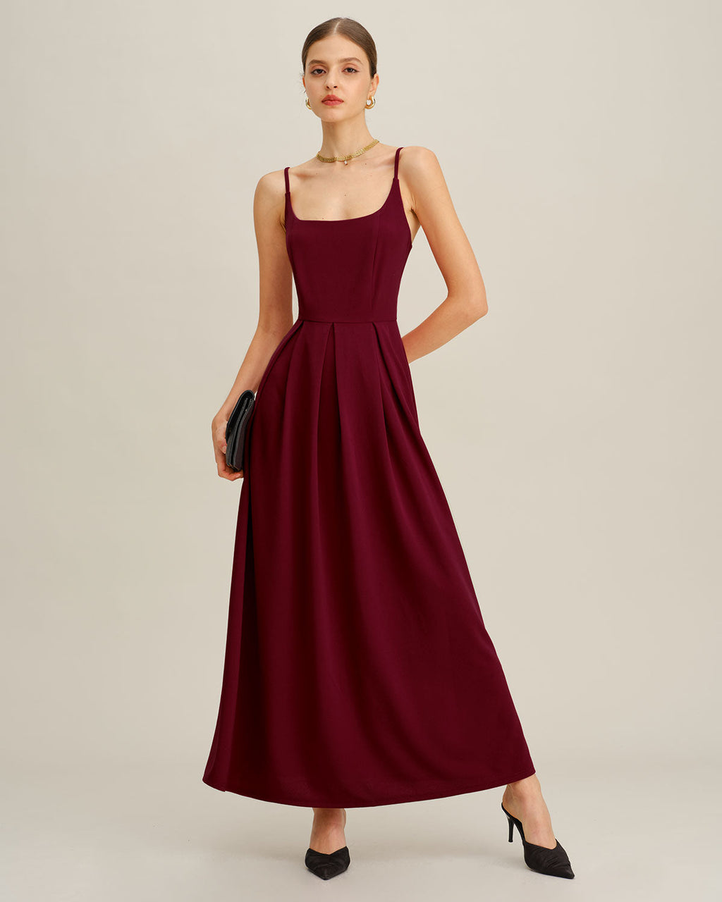 Pleated Maxi Dress in Wine Red