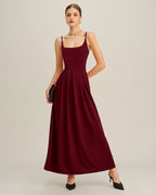 Pleated Maxi Dress in Wine Red