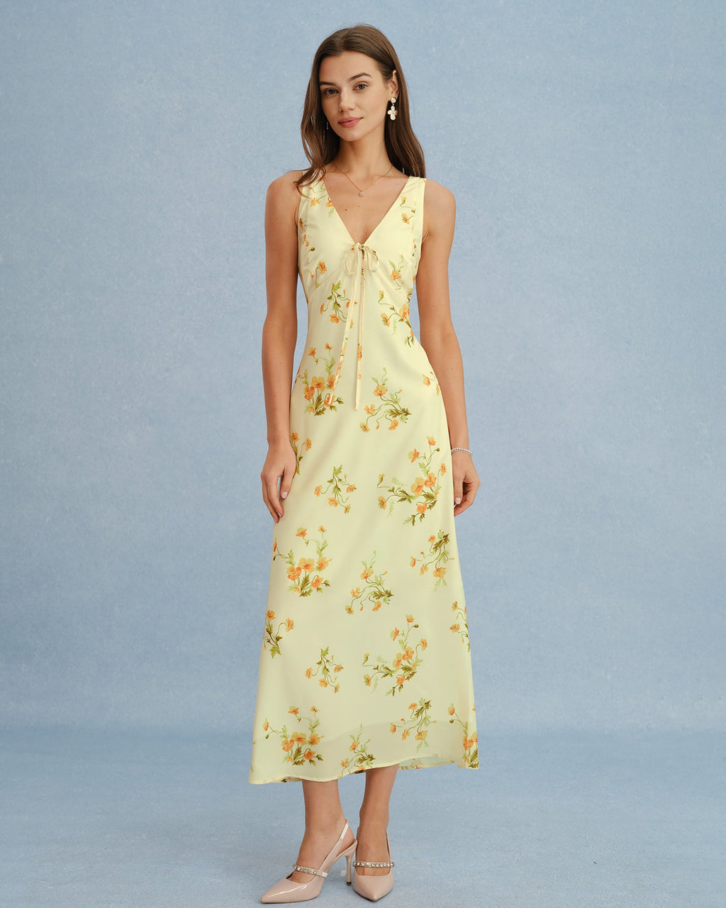 Floral Chiffon Maxi Dress in Yellow with V-Neck Design
