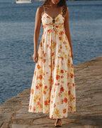 Floral Yellow Shirred Maxi Slip Dress