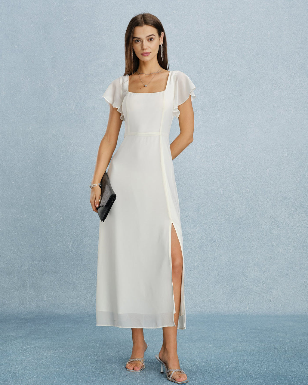 Beige Chiffon Maxi Dress with Square Neck and Slit