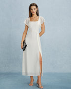 Beige Chiffon Maxi Dress with Square Neck and Slit