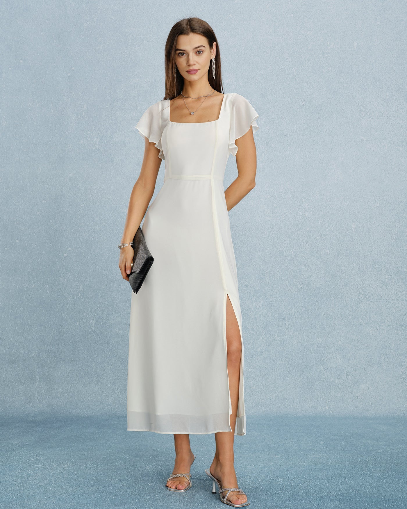 Beige Chiffon Maxi Dress with Square Neck and Slit