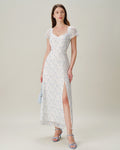 Floral Slit Maxi Dress with Blue Sweetheart Neckline
