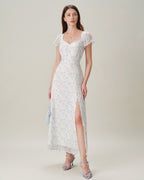 Floral Slit Maxi Dress with Blue Sweetheart Neckline