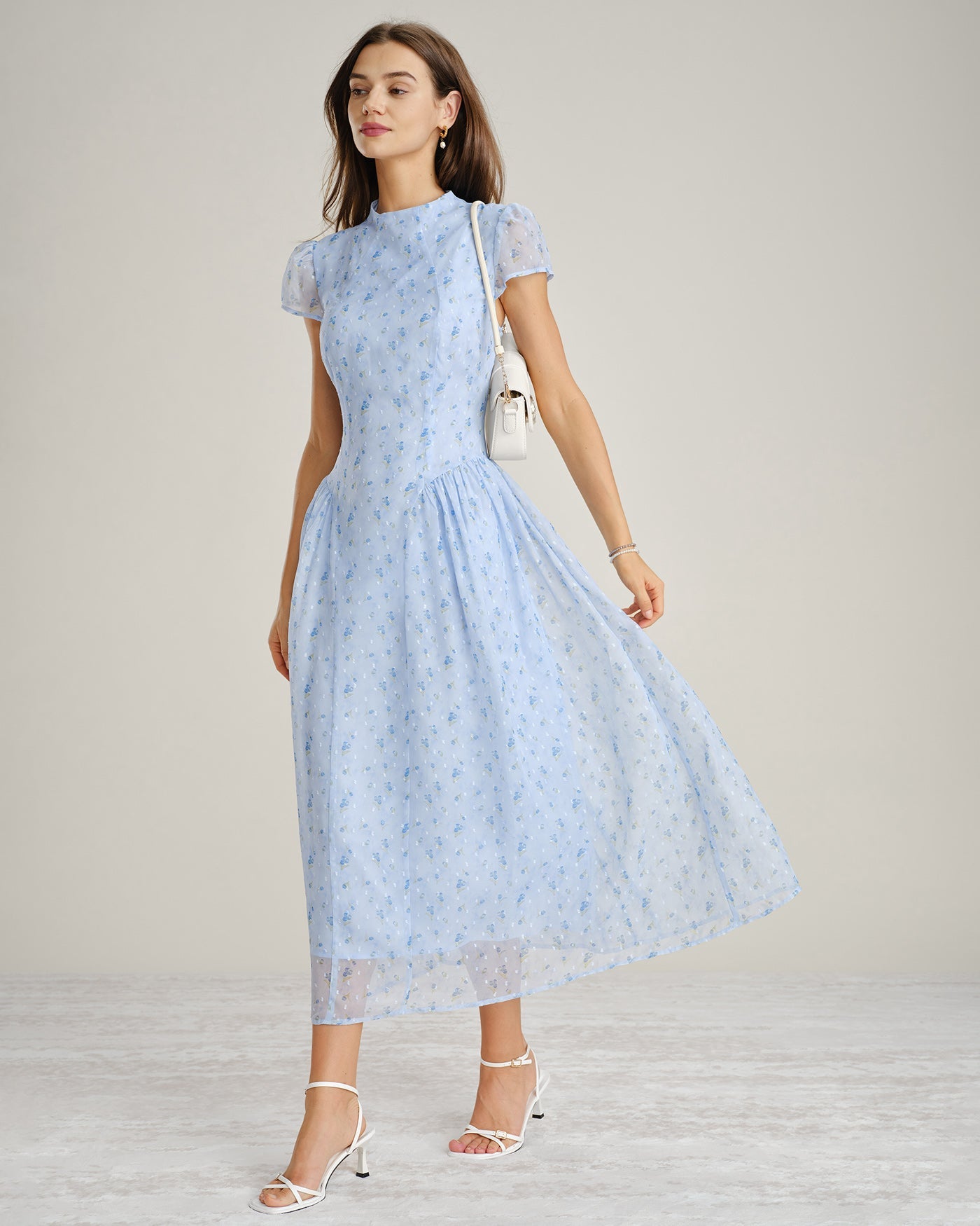 Floral Chiffon Maxi Dress with Blue Mock Neck