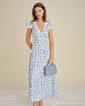 Floral Lace Maxi Dress with Blue Cap Sleeves