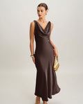 Coffee Satin Maxi Dress with Cowl Neck