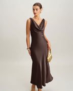 Coffee Satin Maxi Dress with Cowl Neck