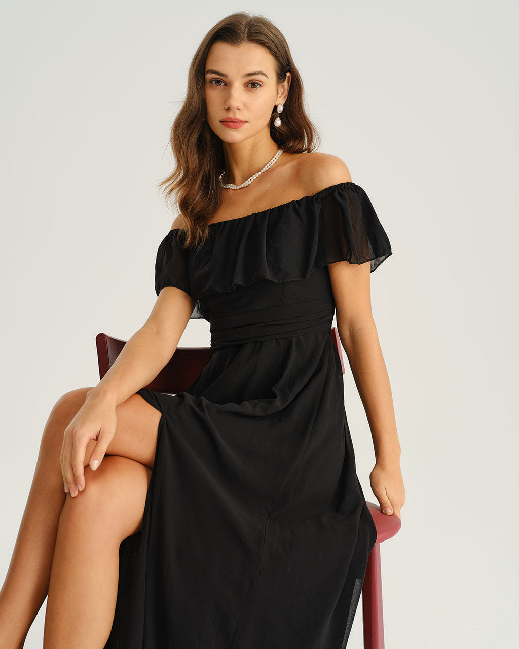 Black A-Line Maxi Dress with Off-the-Shoulder Design