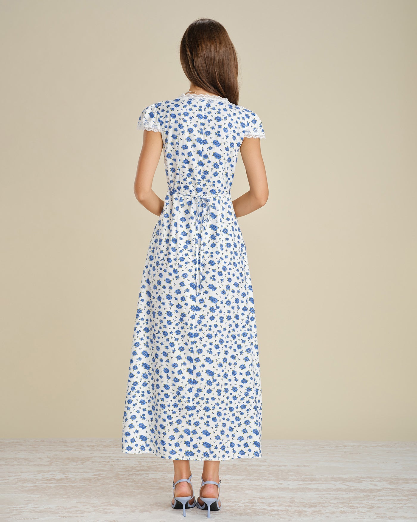 Floral Lace Maxi Dress with Blue Cap Sleeves